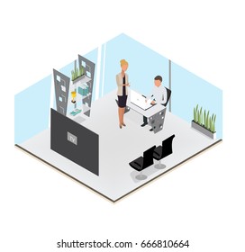 Vector Business Characters Scene illustration. Teamwork in modern business office. Business co working process.