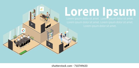 Vector Business Characters Scene illustration. Teamwork in modern business office. Business co working process.