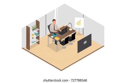 Vector Business Characters Scene illustration. Teamwork in modern business office. Business co working process.