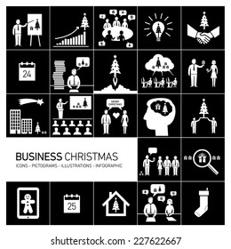 Vector business Christmas icons set of people in different funny situations in office | flat design white pictograms illustration and infographics isolated on black background