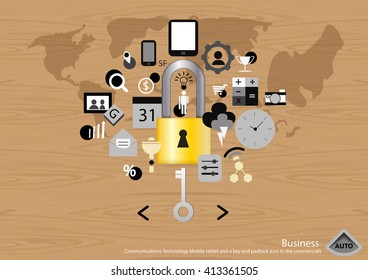 Vector Business Communications Technology Mobile tablet and a key and padlock icon in the commercials flat design