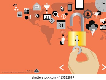 Vector Business Communications Technology Mobile tablet and a key and padlock icon in the commercials flat design