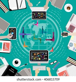 Vector Business communications worldwide by using communications technology, computers, mobile phones, tablet task, leveraging Notebook, pen, pencil and paper  flat design