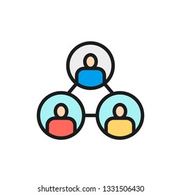 Vector business community, teamwork, people connection, blockchain flat color line icon.