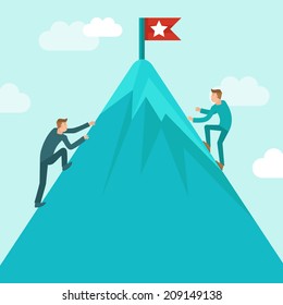 Vector business competition concept in flat style - business man climbing up the mountain to achieve success