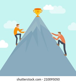 Vector business competition concept in flat style - business man climbing up the mountain to achieve success