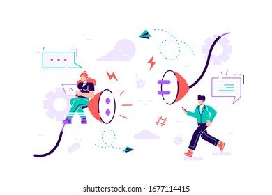 Vector business concept, bug 404, disconnection from the Internet, unavailable, few people get angry, the network is broken, people try to attach a cable. Flat style modern design vector illustration.