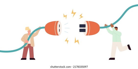 Vector business concept, bug 404, disconnection from the Internet, unavailable, the network is broken, people try to attach a cable. Vector illustration 