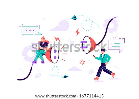 Vector business concept, bug 404, disconnection from the Internet, unavailable, few people get angry, the network is broken, people try to attach a cable. Flat style modern design vector illustration.