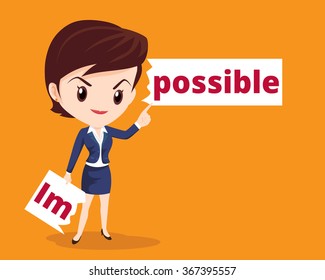 Vector business concept of Businesswoman make possible by tear from the word impossible.