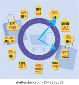 Vector Business Concept Clock shows on discounts and sale A set of discount labels