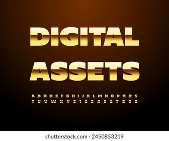 Vector business concept Digital Assets with glossy elite Font. Gold Alphabet Letters and Numbers set