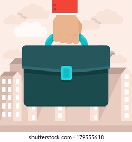 Vector business concept in flat style - hand holding briefcase on the background with city landscape