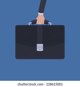 Vector business concept in a flat style - hand holding a briefcase over blue background