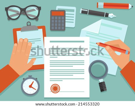 Vector business concept in flat style - paper do?uments and workplace