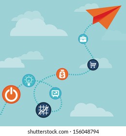 Vector business concept -flying  paper plane  and finance icons