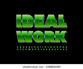 Vector Business Concept Ideal Work. 3D Green And Metal Font. Modern Alphabet Letters And Numbers Set