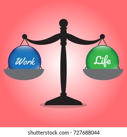 Vector Business Concept As Illustration Of Black Scale Is Weighing Blue Work Crystal Ball On The Left And Green Life Crystal Ball On The Right Equally On Red Background Represent Work Life Balance.