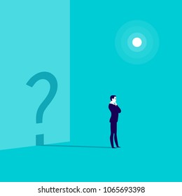 Vector business concept illustration with businessman standing isolated with question sign shadow shape on the wall behind. Thinking, work pause, inspiration, looking for destination - metaphor.