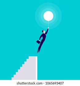 Vector business concept illustration with businessman flying up with air balloon from stairs isolated on blue background. Success, growth, career, achievement, solution, idea aspirations metaphor.