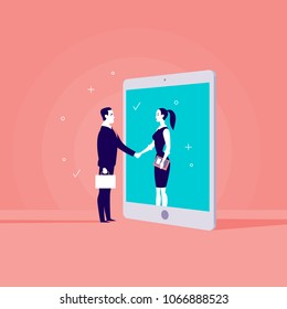 Vector business concept illustration with businessman & lady shaking hands, girl standing in tablet screen. Metaphor for cooperation, partnership, collaboration, web communication & online consulting.