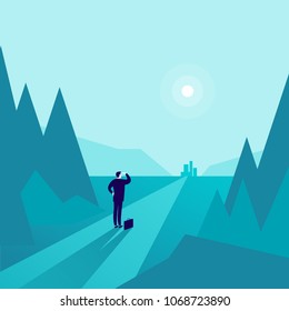 Vector business concept illustration with businessman standing at forest edge and watching on horizon city. Metaphor for new aims, goals, purpose, achievements and aspirations, motivation, overcoming.
