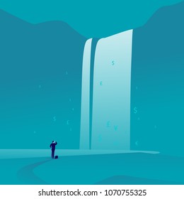 Vector business concept illustration with businessman standing & watching at big great waterfall with money signs & symbols on blue background. Wealth, success, winning, aspirations, finance abundance