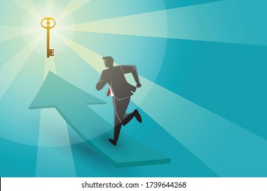 Vector business concept illustration, businessman running on arrow direction toward a golden key 