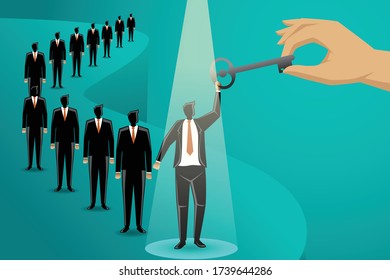 Vector business concept illustration, a businessman selected receive a key among other businessmen