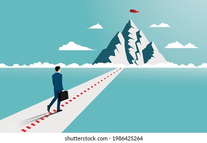 Vector business concept illustration with businessman standing look at the mountain. success goal, leadership, business for growth, new goals, aspirations, motivation