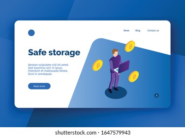 Vector business concept illustration  cryptocurrency and business trading , people making money. Modern bright banner, site template with place for your text.