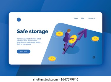 Vector business concept illustration  cryptocurrency and business trading , people making money. Modern bright banner, site template with place for your text.