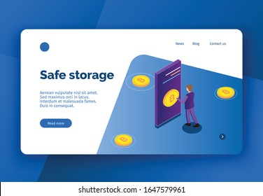 Vector business concept illustration  cryptocurrency and business trading , people making money. Modern bright banner, site template with place for your text.