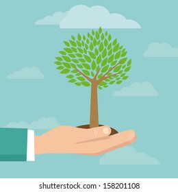 Vector business concept - illustration in flat style with hand holding tree