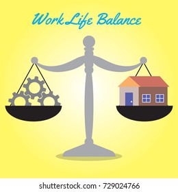 Vector Business Concept As Illustration Of Gray Scale Is Weighing Dark Gray Cogwheels On The Left And A Cozy Home On The Right Equally On Yellow Background Represent Work Life Balance.