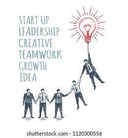 Vector Business Concept Illustration, Hand Drawn Sketch. Start Up, Leadership, Creative, Teamwork, Growth, Idea.