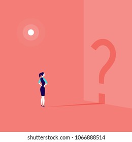 Vector business concept illustration with business lady standing isolated with question sign shadow shape on the wall. Thinking, work pause, inspiration, looking for destination, searching - metaphor.