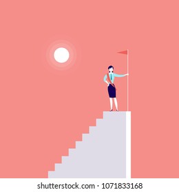Vector business concept illustration with business lady standing on top of stairs with flag isolated on pink background. Career, reaching aim, motivation, growth, leadership, achievement - metaphor.
