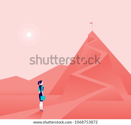 Vector business concept illustration with business lady  standing at mountain peak and watching on top. Metaphor for new aims and goals, purposes, achievements and aspirations, motivation.