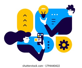 vector business concept illustration of a man with light bulb and woman with smart phone, people communication