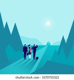 Vector business concept illustration with business people standing at forest edge & watching on horizon city. Metaphor for new aim, goal, purpose, achievement and aspiration, motivation, overcoming.