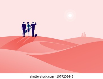 Vector business concept illustration with business people standing at desert hill & watching on horizon city. Metaphor for new aims, goal, purpose, achievements and aspirations, motivation, overcoming