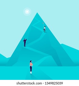 Vector business concept illustration with business people climbing mountain road up. Flat style. Career, lady leadership, growth, new goals, aspirations, women move up, follow your dreams - metaphor.
