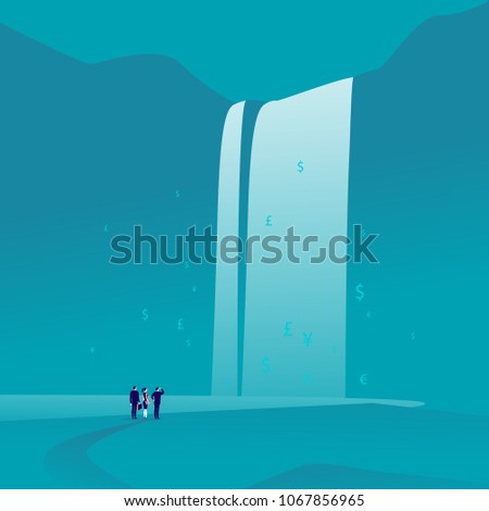 Vector business concept illustration with business people standing and watching at big great finance waterfall with money signs and symbols on blue background. Wealth, success, team work metaphor.