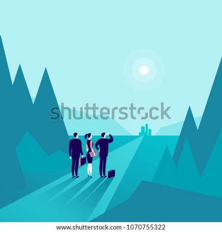 Vector business concept illustration with business people standing at forest edge & watching on horizon city. Metaphor for new aim, goal, purpose, achievement and aspiration, motivation, overcoming.