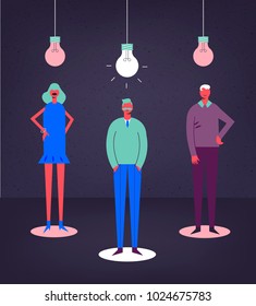 Vector business concept illustration. Stylized characters. Creative group, teamwork. Shining bulb, men and woman
