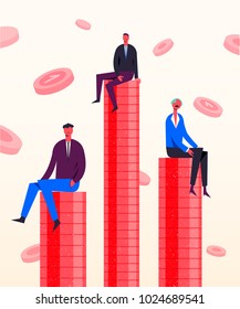 Vector business concept illustration. Stylized characters sitting on the coins. Competition in earning money, business rivalry, success diversity, investment