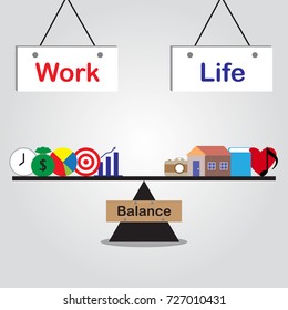 Vector Business Concept As Illustration Of Work & Life Board Are Hung Above And Black Seesaw Is Balancing Five Business Icons And Five Leisure Icons Equally On Gray Background Means Work Life Balance.