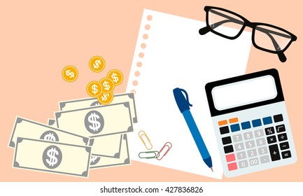 vector of business concept including calculator; paper, pen, paperclip, eyeglasses and money in top view on light orange pantone style background
