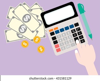 vector of business concept including hand and finger press on calculator have a money and pen in top view on purple background